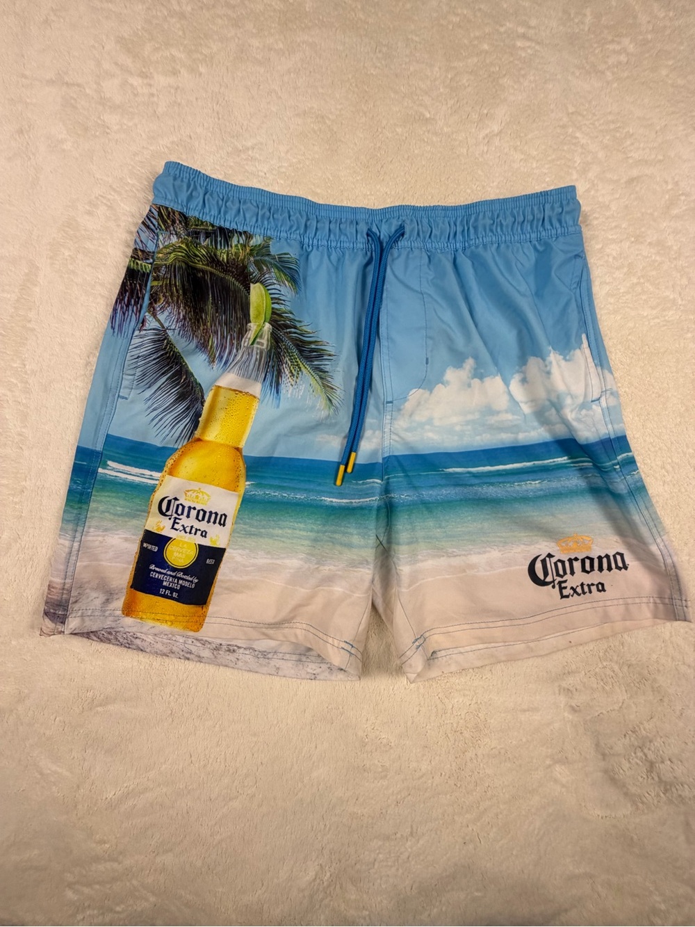 Corona Men's Beach Print Swim Trunks in Blue and Sand xl